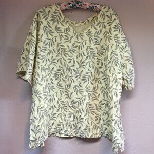 Ideas 4 Elements Women's V-Neck Blouse Plus Size 1X Yellow Leaf Print Linen Top